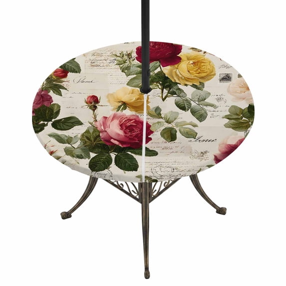 Round Outdoor Tablecloth with Umbrella Hole and Zipper, Vintage Flower Tablecloth with Elastic Waterproof, Farmhouse Spring Floral Patio Table Covers for 31" - 35" Picnic Pool Tables