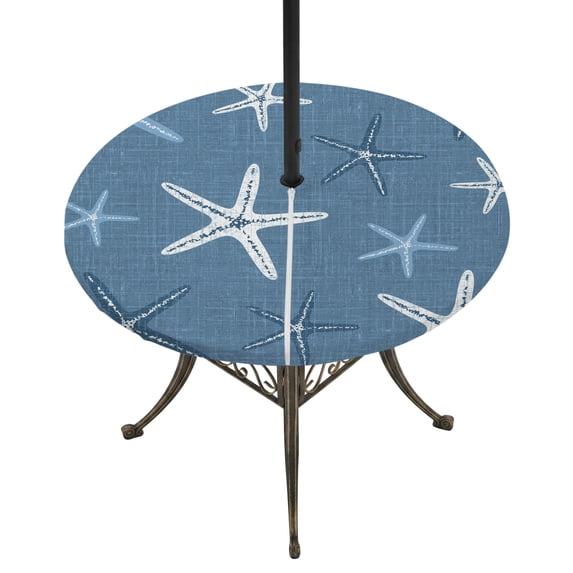 Round Outdoor Tablecloth with Umbrella Hole and Zipper, Vintage Indigo Blue Starfish Tablecloth with Elastic Waterproof, Summer Coastal Beach Marine Life Patio Table Covers for 36" - 44" Pool Tables