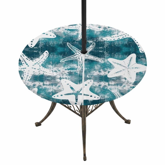 Round Outdoor Tablecloth with Umbrella Hole and Zipper, Vintage Ocean Tablecloth with Elastic Waterproof, Nautical Coastal Starfish Teal Green Patio Table Covers for 36" - 44" Picnic Pool Tables
