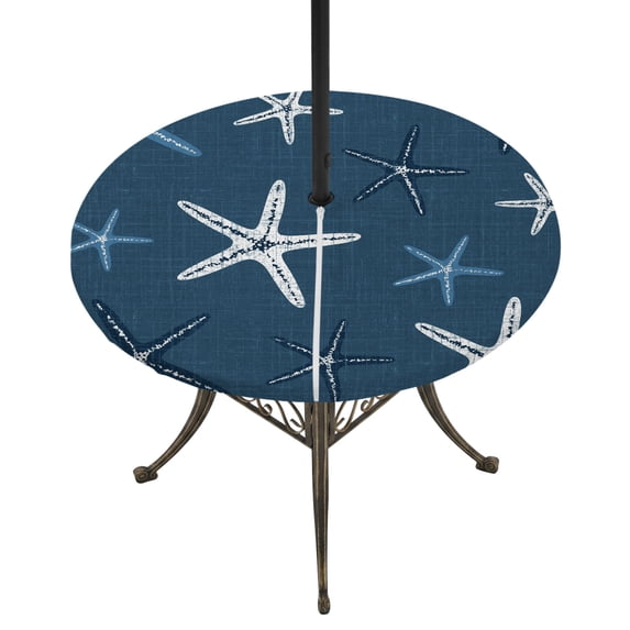Round Outdoor Tablecloth with Umbrella Hole and Zipper, Vintage Slate Blue Starfish Tablecloth with Elastic Waterproof, Summer Coastal Beach Marine Life Patio Table Covers for 45" - 54" Pool Tables