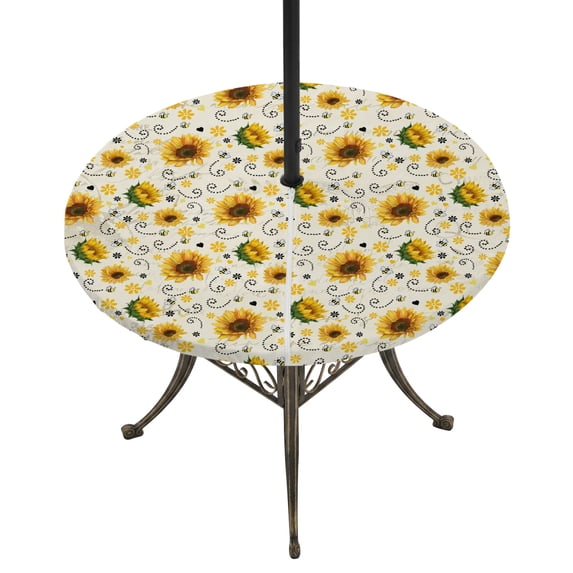 Round Outdoor Tablecloth with Umbrella Hole and Zipper, Vintage Sunflower Tablecloth with Elastic Waterproof, Summer Botanical Farmhouse Floral Patio Table Covers for 45" - 54" Picnic Pool Tables