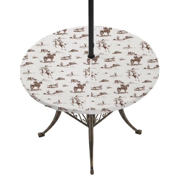 Round Outdoor Tablecloth with Umbrella Hole and Zipper, Western Cowboy Tablecloth with Elastic Waterproof, Retro Desert Cactus Country Cowboy Brown Patio Table Covers for 36" - 44" Pool Tables