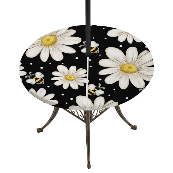 Round Outdoor Tablecloth with Umbrella Hole and Zipper, White Daisy Farmhouse Tablecloth with Elastic Waterproof, Garden Floral Honeybees Black Patio Table Covers for 36" - 44" Picnic Pool Tables