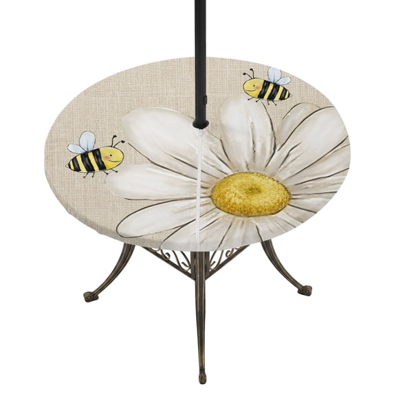 Round Outdoor Tablecloth with Umbrella Hole and Zipper, White Daisy Rustic Tablecloth with Elastic Waterproof, Pastoral Flowers Honeybees Burlap Patio Table Covers for 45" - 54" Picnic Pool Tables