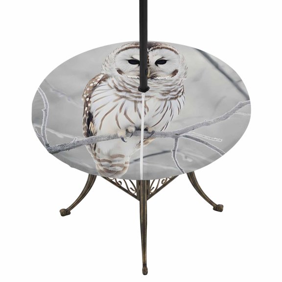 Round Outdoor Tablecloth with Umbrella Hole and Zipper, White Owl Tablecloth with Elastic Waterproof, Farmhouse Animal Birds Tree Branches Patio Table Covers for 31" - 35" Picnic Pool Tables