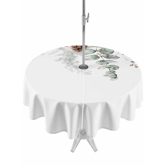 Round Outdoor Tablecloth With Umbrella Hole And Zipper– Winter Christmas Botanical Waterproof Patio Table Cover for Party, Picnic, Backyard, 50" Dia. , Eucalyptus Leaf Pine Branch White
