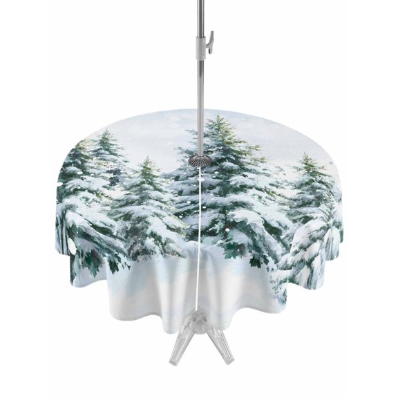 Round Outdoor Tablecloth With Umbrella Hole And Zipper– Winter Snowy Pine Forests Waterproof Patio Table Cover for Party, Picnic, Backyard, 60" Dia. , Blue White