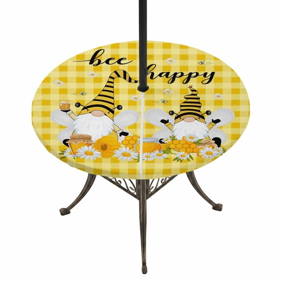 Round Outdoor Tablecloth with Umbrella Hole and Zipper, Yellow Bees Gnomes Tablecloth with Elastic Waterproof, Spring Floral Plaid Farmhouse Patio Table Covers for 36" - 44" Picnic Pool Tables
