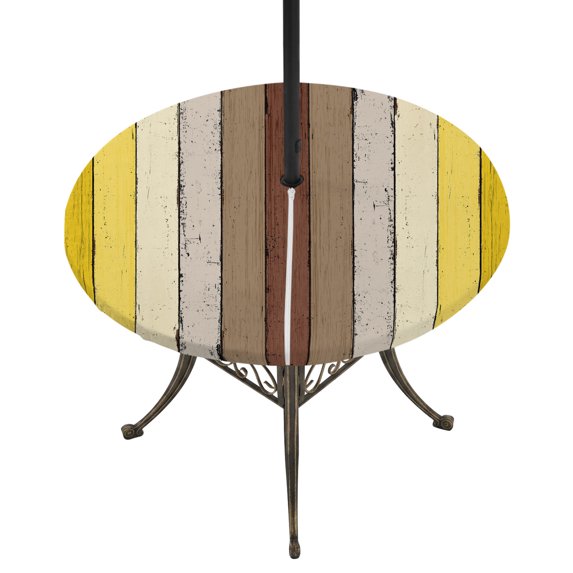 Round Outdoor Tablecloth with Umbrella Hole and Zipper, Yellow Brown Fitted Table Cover with Elastic Edge for 55-60 Inch, Farmhouse Wood Grain Vintage Striped Waterproof Patio Tablecoths for Picnic