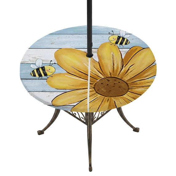 Round Outdoor Tablecloth with Umbrella Hole and Zipper, Yellow Daisy Rustic Tablecloth with Elastic Waterproof, Pastoral Flowers Honeybees Blue Wood Patio Table Covers for 36" - 44" Pool Tables
