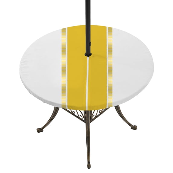 Round Outdoor Tablecloth with Umbrella Hole and Zipper, Yellow Geometric Fitted Table Cover with Elastic Edge for 45-54 Inch, Modern Striped Abstract Art Aesthetics Waterproof Patio Tablecoths