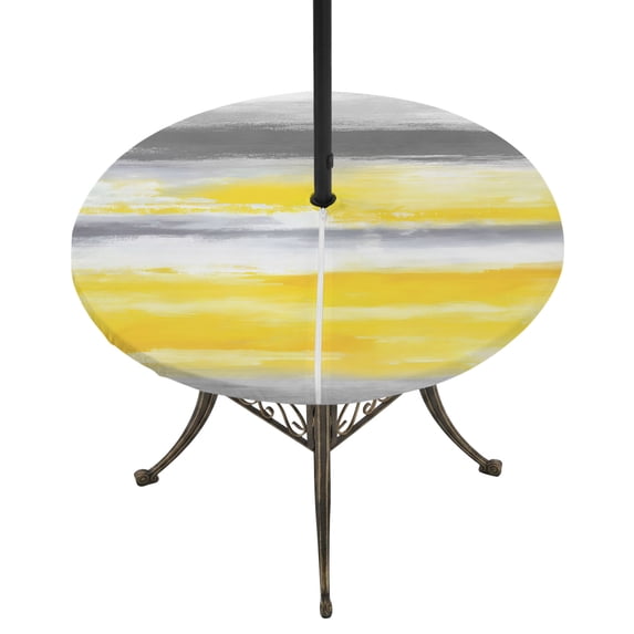 Round Outdoor Tablecloth with Umbrella Hole and Zipper, Yellow Grey Fitted Table Cover with Elastic Edge for 31-35 Inch, Abstract Art Oil Painting Stripes Aesthetic Waterproof Patio Tablecoths