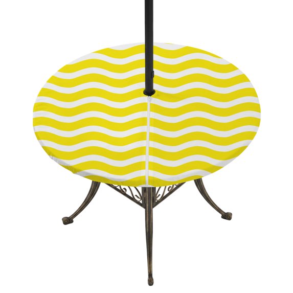 Round Outdoor Tablecloth with Umbrella Hole and Zipper, Yellow Moire Tablecloth with Elastic Waterproof, Water Ripple Stripe Farmhouse Patio Table Covers for 36" - 44" Picnic Pool Tables