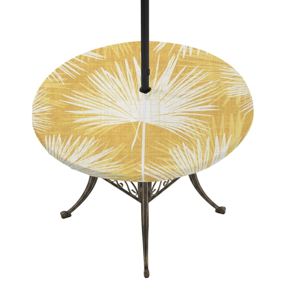 Round Outdoor Tablecloth with Umbrella Hole and Zipper, Yellow Palm Leaves Coastal Tablecloth with Elastic Waterproof, Summer Tropical Botanical Boho Patio Table Covers for 55" - 60" Pool Tables