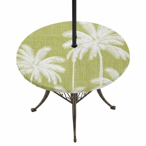 Round Outdoor Tablecloth with Umbrella Hole and Zipper, Yellow Palm Trees Tablecloth with Elastic Waterproof, Farmhouse Tropical Summer Beach Patio Table Covers for 45" - 54" Picnic Pool Tables