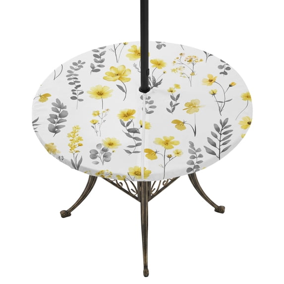 Round Outdoor Tablecloth with Umbrella Hole and Zipper, Yellow Spring Floral Tablecloth with Elastic Waterproof, Flowers Botanical Elegant Pastoral Patio Table Covers for 31" - 35" Pool Tables