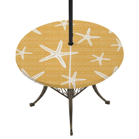 Round Outdoor Tablecloth with Umbrella Hole and Zipper, Yellow Starfish Coastal Tablecloth with Elastic Waterproof, Summer Beach Nautical Sea Ocean Patio Table Covers for 45" - 54" Pool Tables