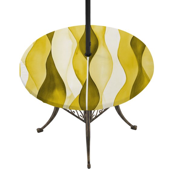 Round Outdoor Tablecloth with Umbrella Hole and Zipper, Yellow Stripes Fitted Table Cover with Elastic Edge for 36-44 Inch, Retro Farmhouse Gradient Ripple Pattern Waterproof Patio Tablecoths