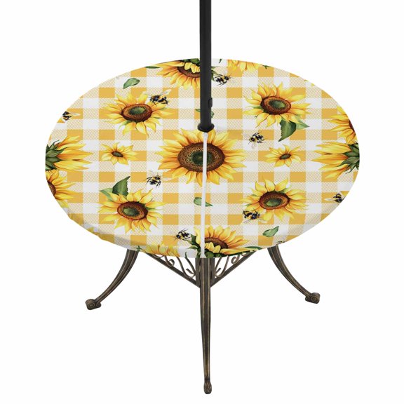 Round Outdoor Tablecloth with Umbrella Hole and Zipper, Yellow Sunflower Tablecloth with Elastic Waterproof, Vintage Country Bee Plaid Ginger Check Patio Table Covers for 31" - 35" Pool Tables