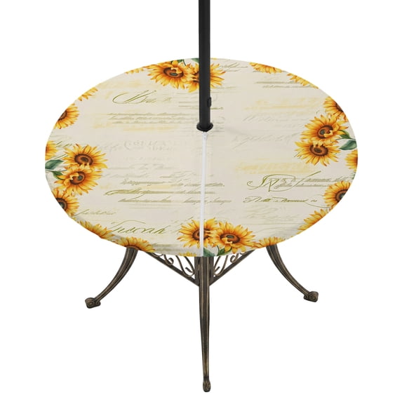 Round Outdoor Tablecloth with Umbrella Hole and Zipper, Yellow Sunflowers Tablecloth with Elastic Waterproof, Farmhouse Rustic Botanical Floral Plants Patio Table Covers for 36" - 44" Pool Tables