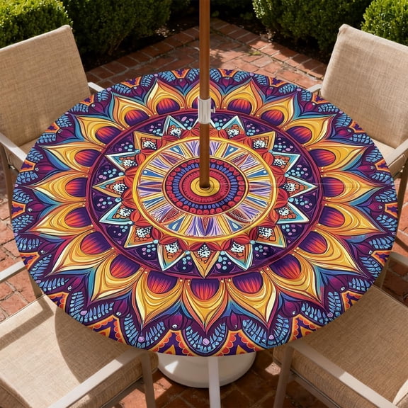 Round Outdoor Tablecloth with Umbrella Hole, Zippered Fitted Tablecloth with Elastic Edge, Waterproof Table Cloth Cover for Picnic Party Round Table