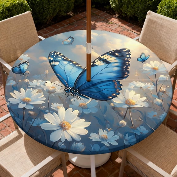 Round Outdoor Tablecloth with Umbrella Hole, Zippered Fitted Tablecloth with Elastic Edge, Waterproof Table Cloth Cover for Picnic Party Round Table