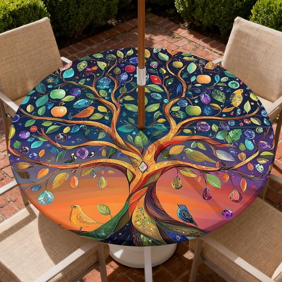 Round Outdoor Tablecloth with Umbrella Hole, Zippered Fitted Tablecloth ...