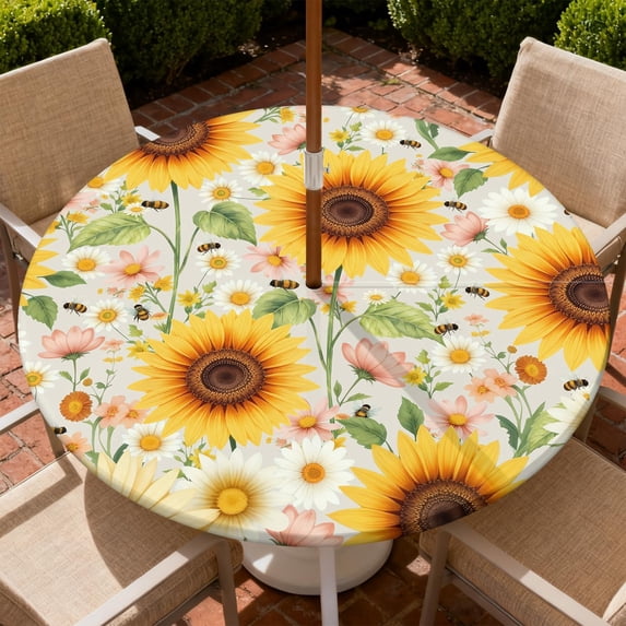 Round Outdoor Tablecloth with Umbrella Hole, Zippered Fitted Tablecloth with Elastic Edge, Waterproof Table Cloth Cover for Picnic Party Fits 36"-65" Round Table