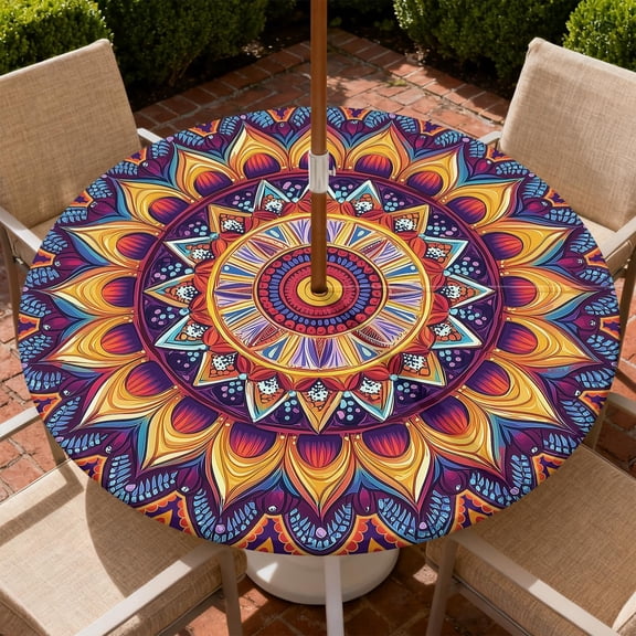 Round Outdoor Tablecloth with Umbrella Hole, Zippered Fitted Tablecloth with Elastic Edge, Waterproof Table Cloth Cover for Picnic Party Fits 36"-65" Round Table