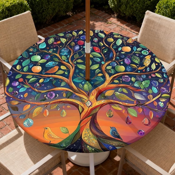 Round Outdoor Tablecloth with Umbrella Hole, Zippered Fitted Tablecloth with Elastic Edge, Waterproof Table Cloth Cover for Picnic Party Round Table