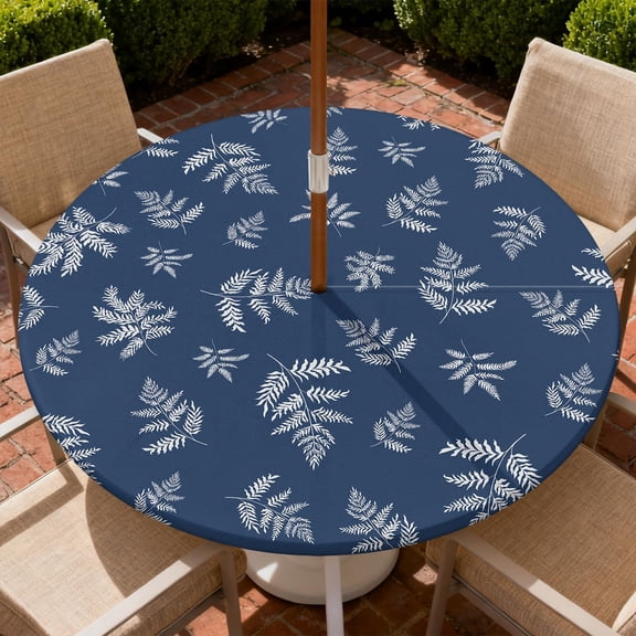 Round Outdoor Tablecloth with Umbrella Hole, Zippered Fitted Tablecloth with Elastic Edge, Waterproof Table Cloth Cover for Picnic Party Fits 37"-44" Round Table, Fern