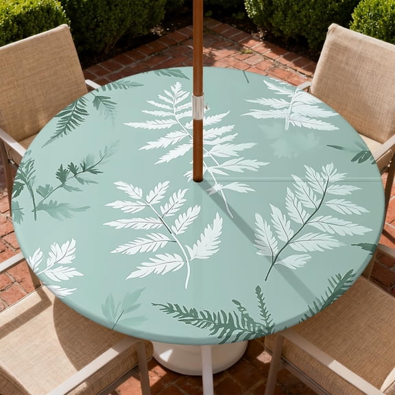 Round Outdoor Tablecloth with Umbrella Hole, Zippered Fitted Tablecloth with Elastic Edge, Waterproof Table Cloth Cover for Picnic Party Fits 37"-44" Round Table, Mint Green White Fern