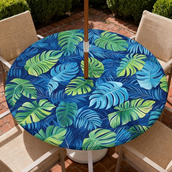 Round Outdoor Tablecloth with Umbrella Hole, Zippered Fitted Tablecloth with Elastic Edge, Waterproof Table Cloth Cover for Picnic Party Fits 37"-44" Round Table, Palm Tree