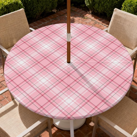 Round Outdoor Tablecloth with Umbrella Hole, Zippered Fitted Tablecloth with Elastic Edge, Waterproof Table Cloth Cover for Picnic Party Fits 37"-44" Round Table, Pink Checker