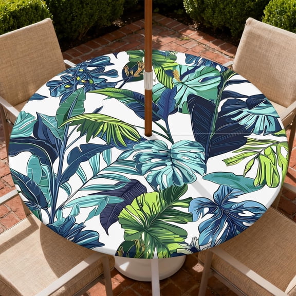 Round Outdoor Tablecloth with Umbrella Hole, Zippered Fitted Tablecloth with Elastic Edge, Waterproof Table Cloth Cover for Picnic Party Fits 37"-44" Round Table, Summer Palm Tree
