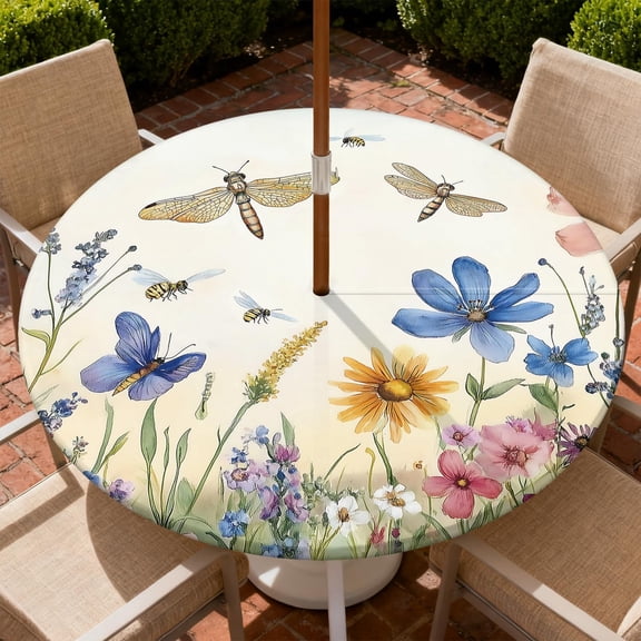 Round Outdoor Tablecloth with Umbrella Hole, Zippered Fitted Tablecloth with Elastic Edge, Waterproof Table Cloth Cover for Picnic Party Fits 45"-48" Round Table, Flower and Dragonfly