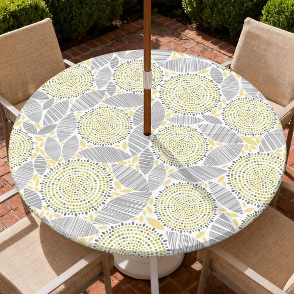 Round Outdoor Tablecloth with Umbrella Hole, Zippered Fitted Tablecloth with Elastic Edge, Waterproof Table Cloth Cover for Picnic Party Fits 53"-60" Round Table, Leaves Collage