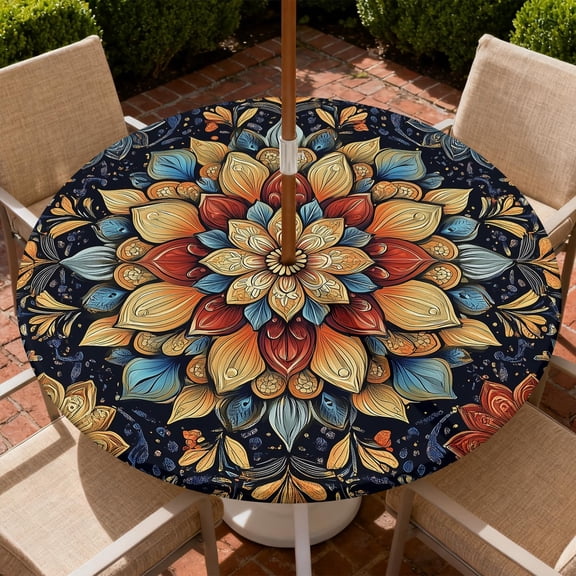 Round Outdoor Tablecloth with Umbrella Hole, Zippered Fitted Tablecloth with Elastic Edge, Waterproof Table Cloth Cover for Picnic Party Fits 53"-60" Round Table, Mandala