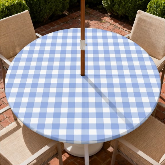 Round Outdoor Tablecloth With Umbrella Hole, Zippered Fitted Tablecloth With Elastic Edge, Waterproof Table Cloth Tablecover For Picnic Party Fits 53"-60" Round Table, Blue Gingham