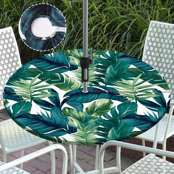 Round Outdoor Tablecloth with Umbrella Hole Zippered Fitted Tablecloth with Elastic Palm Leaves Table Cloth Cover for Picnic Party Patio Fits 44-48" Diameter Round Tables