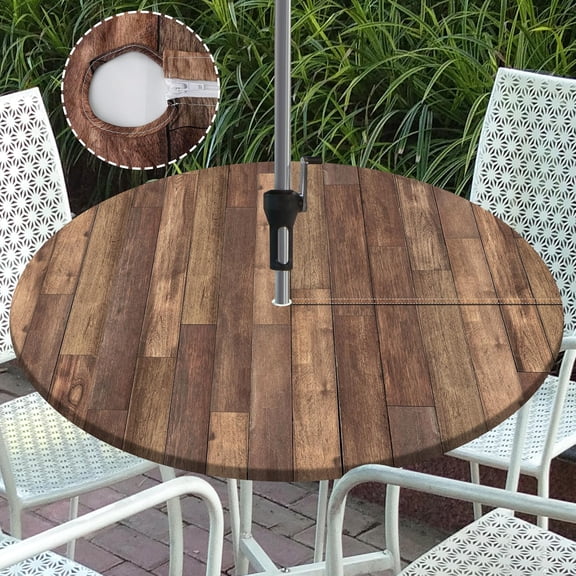Round Outdoor Tablecloth with Umbrella Hole Zippered Fitted Tablecloth with Elastic Wood Grain Table Cloth Cover for Picnic Party Patio Fits 40-44" Diameter Round Tables