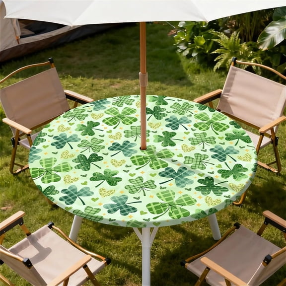 Round Outdoor Tablecloth with Umbrella Hole, Zippered Fitted Waterproof Tablecover with Elastic Edge Fits 36"-65" Round Tables for Patio Picnic Garden Camping Party