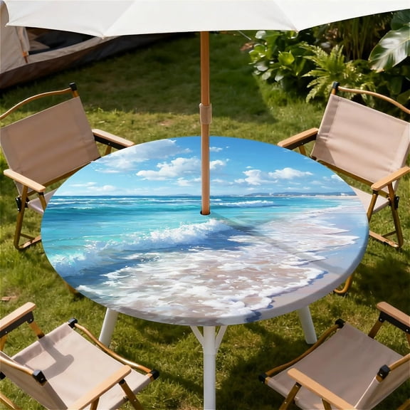 Round Outdoor Tablecloth with Umbrella Hole, Zippered Fitted Waterproof Tablecover with Elastic Edge Fits 36"-65" Round Tables for Patio Picnic Garden Camping Party