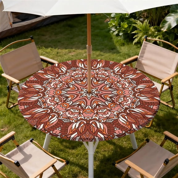 Round Outdoor Tablecloth with Umbrella Hole, Zippered Fitted Waterproof Tablecover with Elastic Edge ,Sizes Available to Fit 36"-65" Diameter Round Tables for Picnic & Party