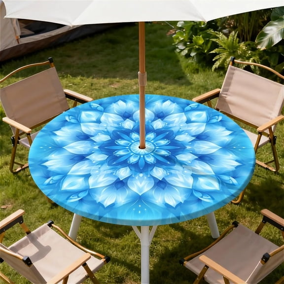 Round Outdoor Tablecloth with Umbrella Hole, Zippered Fitted Waterproof Tablecover with Elastic Edge Fits 40"-44" Round Tables for Patio Picnic Garden Camping Party, Blue Mandala Pattern