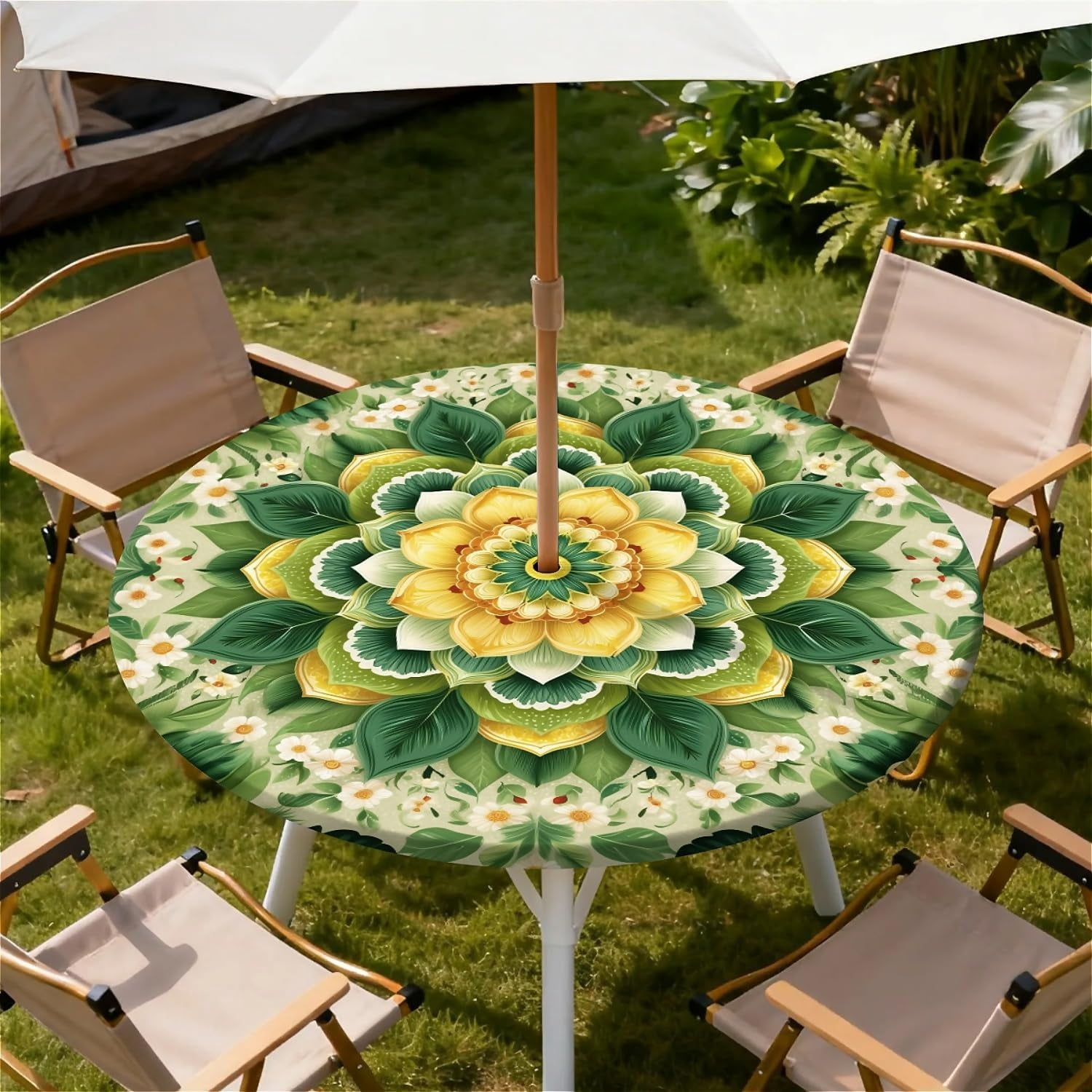 Zipper Table Round Outdoor Tablecloth with Umbrella Hole, Zippered Fitted Waterproof ...