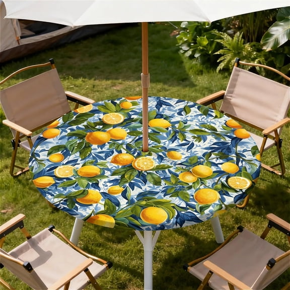 Round Outdoor Tablecloth with Umbrella Hole, Zippered Fitted Waterproof Tablecover with Elastic Edge Fits 40"-44" Round Tables for Patio Picnic Garden Camping Party, Lemon Grove Pattern