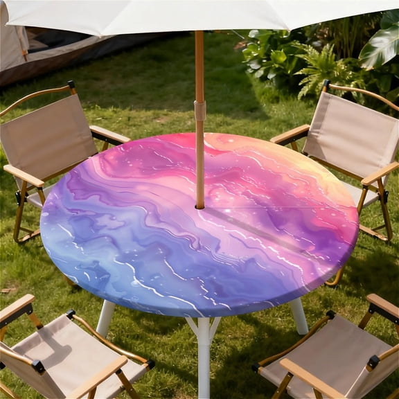 Round Outdoor Tablecloth with Umbrella Hole, Zippered Fitted Waterproof Tablecover with Elastic Edge Fits 40"-44" Round Tables for Patio Picnic Garden Camping Party, Rainbow Marble Pattern