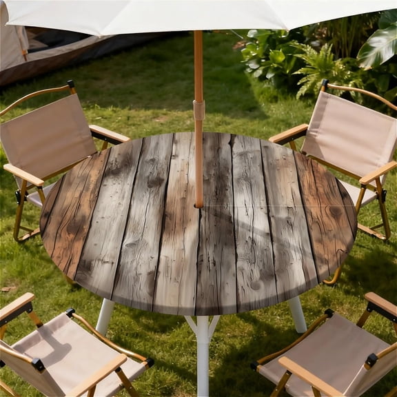 Round Outdoor Tablecloth with Umbrella Hole, Zippered Fitted Waterproof Tablecover with Elastic Edge Fits 49"-52" Round Tables for Patio Picnic Garden Camping Party, Rustic Wood Pattern