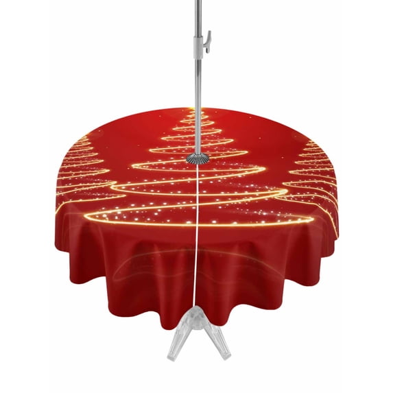 Round Outdoor Tablecloth With Umbrella Hole And Zipper– Gold Christmas Tree Waterproof Patio Table Cover for Party, Picnic, Backyard, 60" Dia. , Red